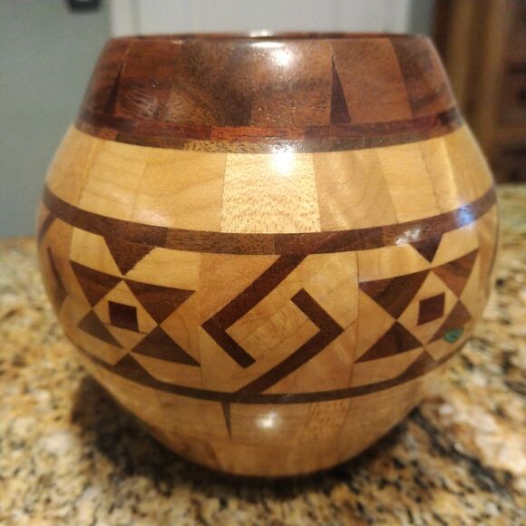 Wooden Turquoise Segmented Hand Crafted & Turned Round Bowl Artist Signed 3.5" - Picture 3 of 9